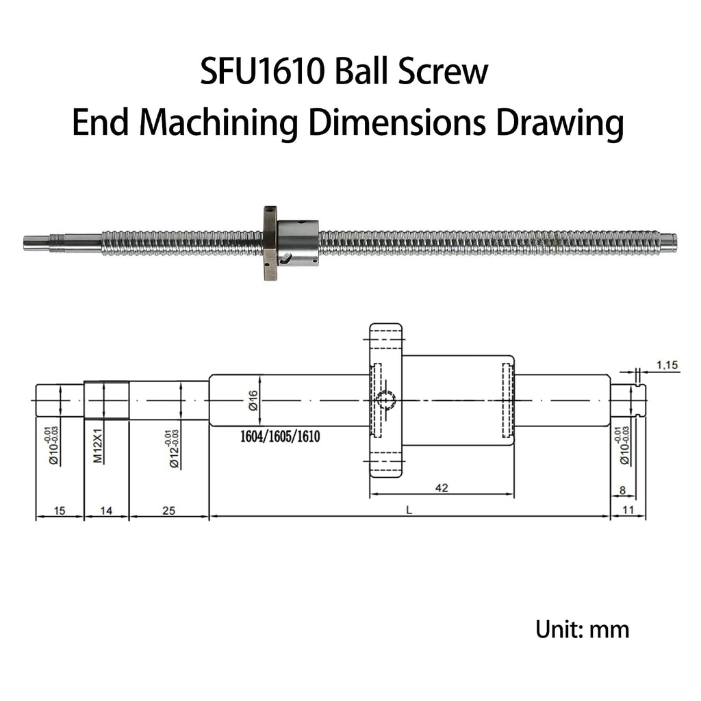 1610 Linear Motion CNC Ball Screw with Anti Backlash Nut, Coavoo SFU1610 1140mm / 44.88 inch 16mm Ballscrew with Standard End Machine for BK12 BF12