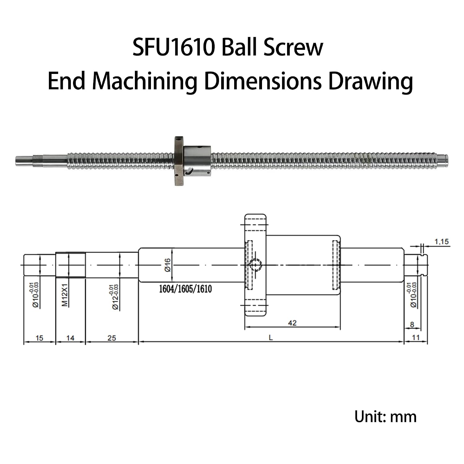 1610 Linear Motion CNC Ball Screw with Anti Backlash Nut, Coavoo SFU1610 1140mm / 44.88 inch 16mm Ballscrew with Standard End Machine for BK12 BF12