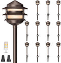 Gardencoin Pagoda Low Voltage Landscape Pathway Lights, 12V Outdoor LED Path Lights Wired, Aluminum Walkway Lighting with 4W 2700K Replaceable G4 Bulb, Bronze Classic 3-Tier Lantern, 12 Pack