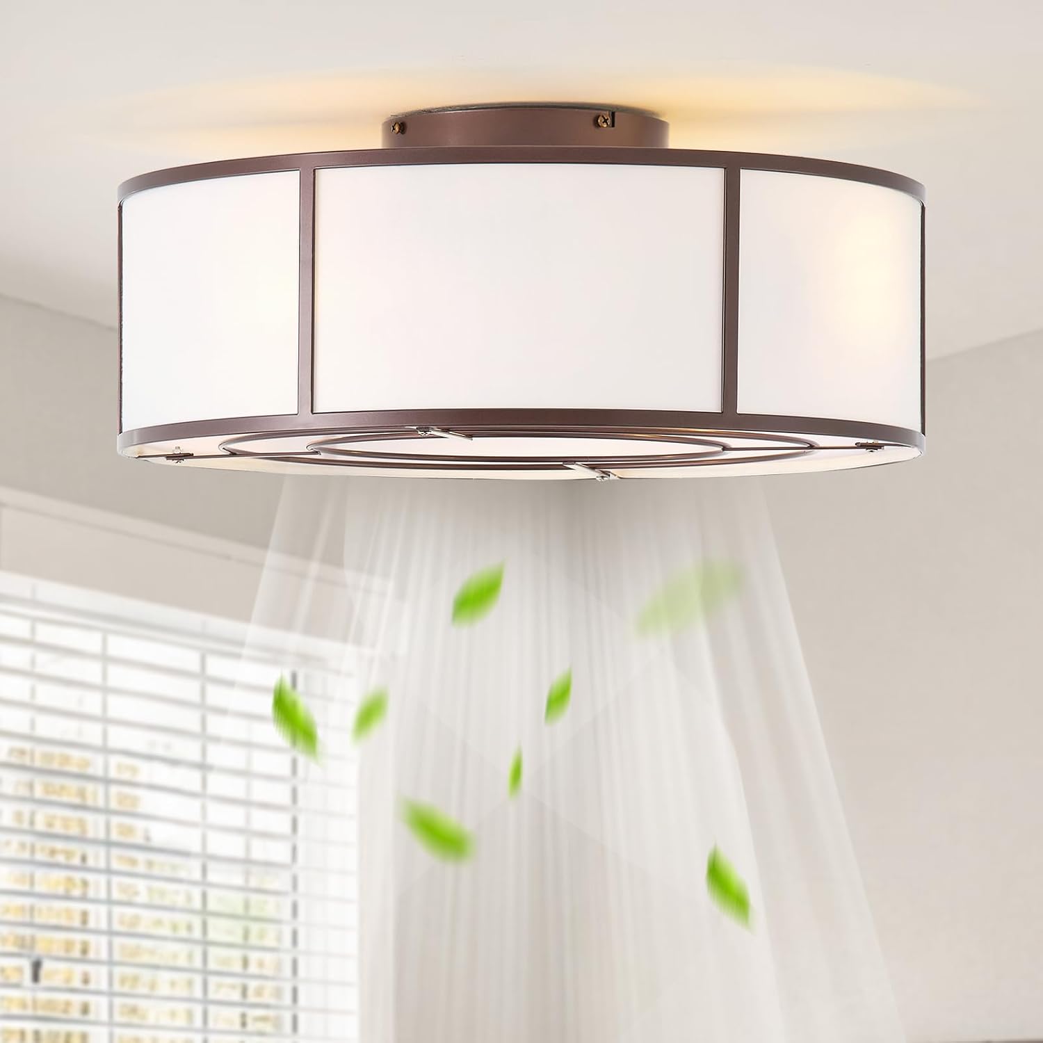 Low Profile Ceiling Fans with Lights, 20' Flush Mount Ceiling Fan with Light, Brown and White Boho Bladeless with 6 Speeds Remote Control for Bedroom, Nursery, Living Room