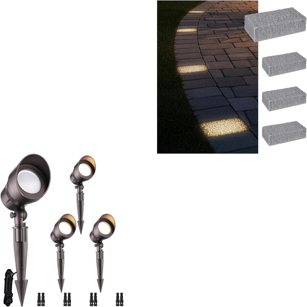 LEONLITE 4-Pack Low Voltage LED Landscape Spotlight, Aluminum, ETL Listed, IP65 Waterproof, 3000K Warm White Bundle 4-Pack 5CCT LED Paver Light 4x8 Inch for Paver, 12-24V Low Voltage, Waterproof IP67