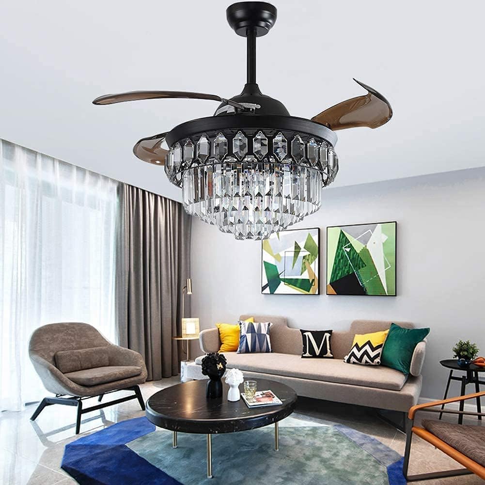 Fandian 42' Modern Crystal Ceiling Fan with Lights Black Retractable Fandelier Remote Control Fixtures, 3 Color Changes Luxury Lighting for Dining Room, Living Room