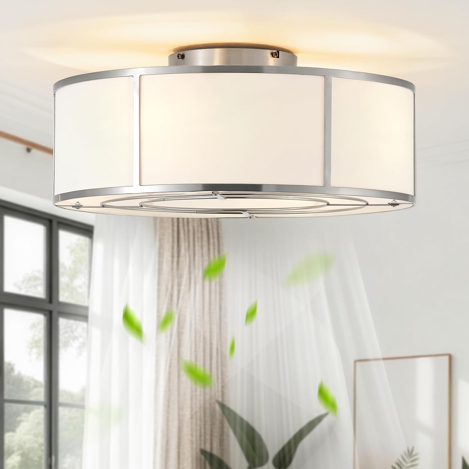 Low Profile Ceiling Fans with Lights, 20' Flush Mount Ceiling Fan with Light, Silver and White Boho Bladeless with 6 Speeds Remote Control for Bedroom, Nursery, Living Room