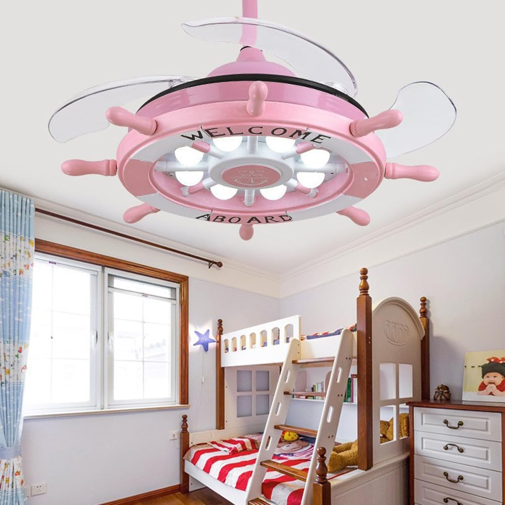 42' Chandelier Ceiling Fans with Lights Kids Nautical Rudder Invisible Ceiling Fan Light with Remote Control Retractable Blades Reversible Ceiling Fan with Light for Boys Girls Bedroom Nurser