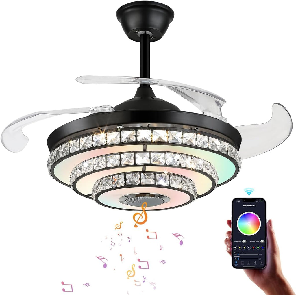 42inch Bluetooth Crystal Ceiling Fan Lights with Music Player and Remote Control Chandelier, Retractable Blades Fandelier with 3 Speed 7 Color Dimmable LED Kit Included