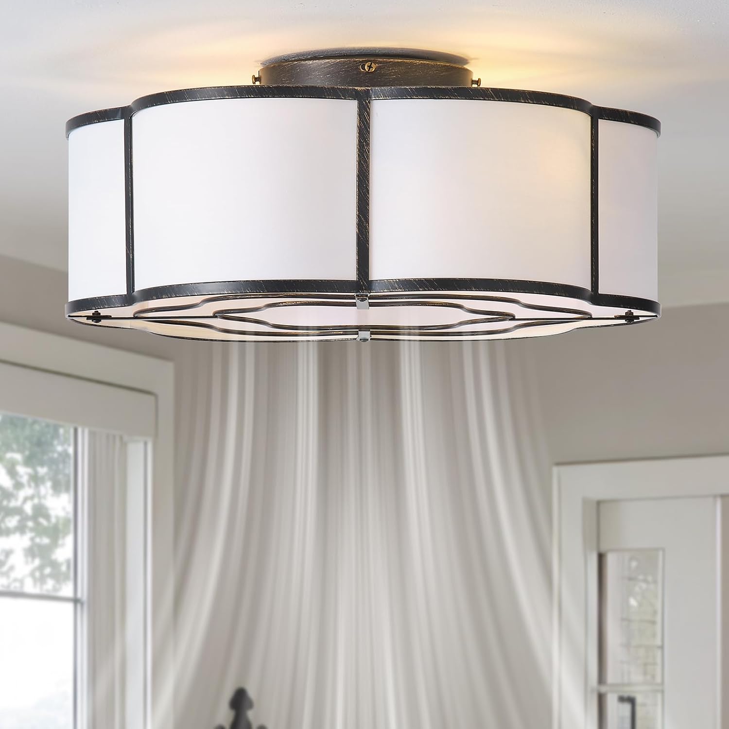 20' Farmhouse Ceiling Fan with Lights Flush Mount, Black Enclosed Ceiling Fans with Lights Remote Control, Caged with 6 Speeds for Bedroom, Living Room, Nursery
