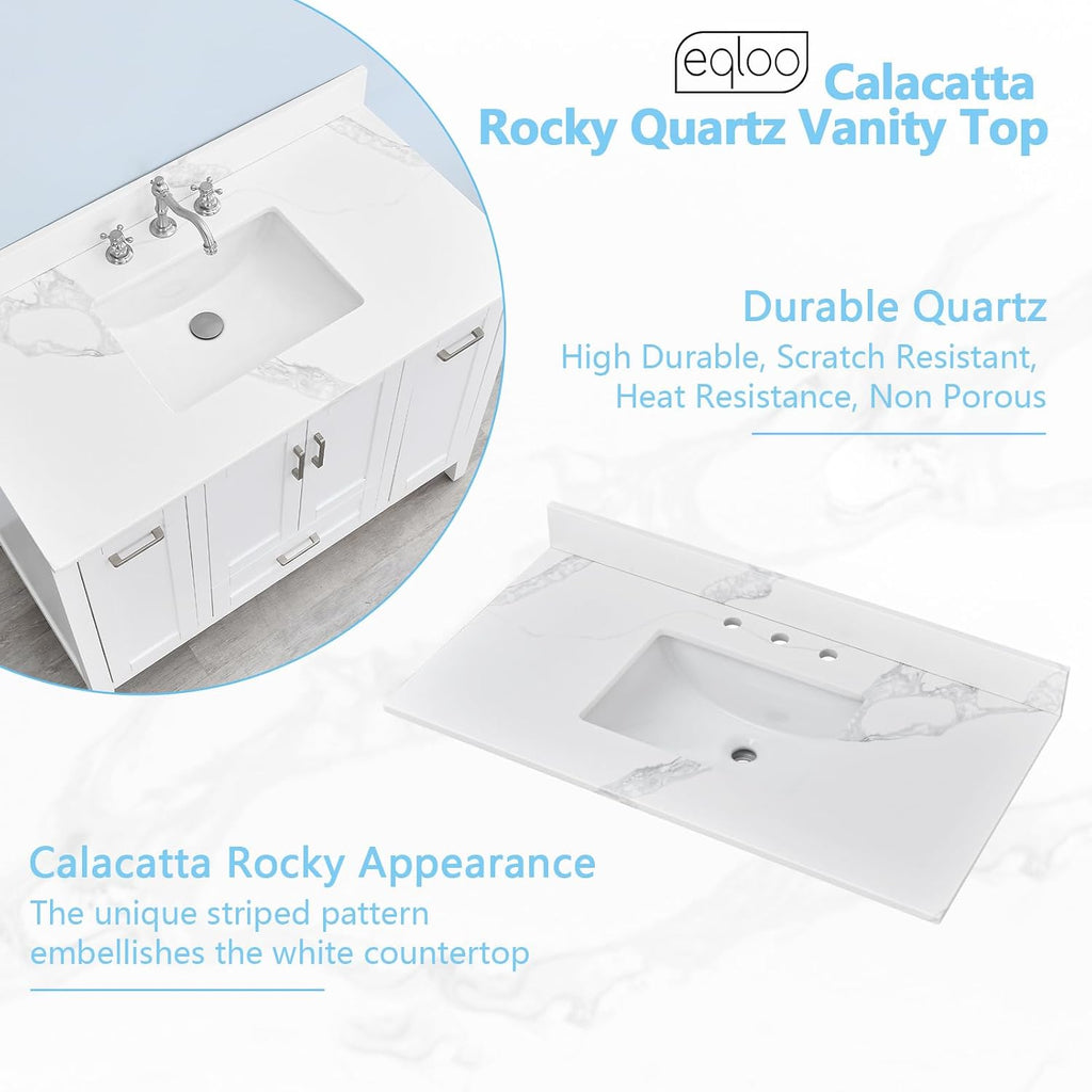 42 in. W x 22 in D Quartz Vanity Top in Calacatta Rocky, Vanity Sink Top with Assembled Single Drop-in Sink, Pre-Drilled Widespread Faucet Holes Countertop with 4' H Backsplash