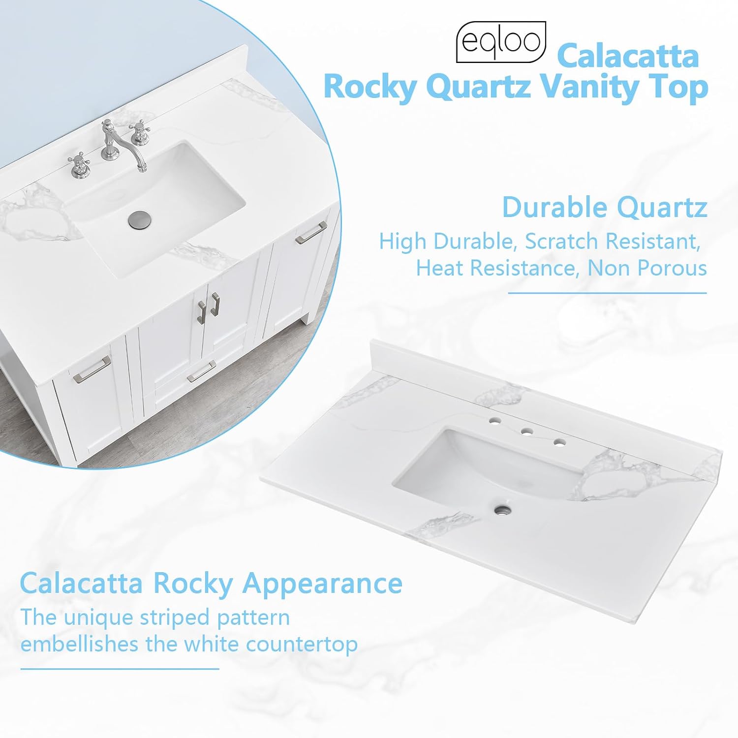 42 in. W x 22 in D Quartz Vanity Top in Calacatta Rocky, Vanity Sink Top with Assembled Single Drop-in Sink, Pre-Drilled Widespread Faucet Holes Countertop with 4' H Backsplash