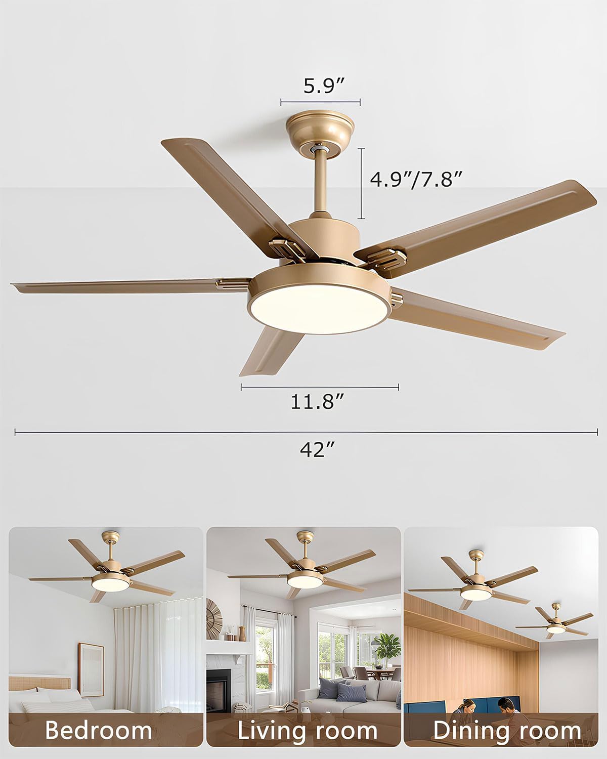 42 Inch Ceiling Fan with Light Stainless Steel Ceiling Fans with Remote Control 3 Color Dimmable 5 Speeds Reversible DC Motor Modern Ceiling Fan for Patio Living Room Bedroom Office(Gold)
