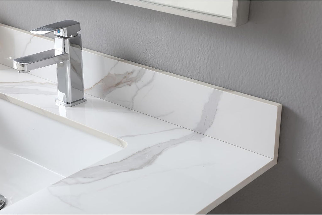 Montary 37'x 22' Bathroom Vanity Top with Undermounted Large Ceramic Sink & Backsplash, Sintered Stone Artificial Marble Vanity Sink Tops with 1 Pre-Drilled Hole, Carrara Gold