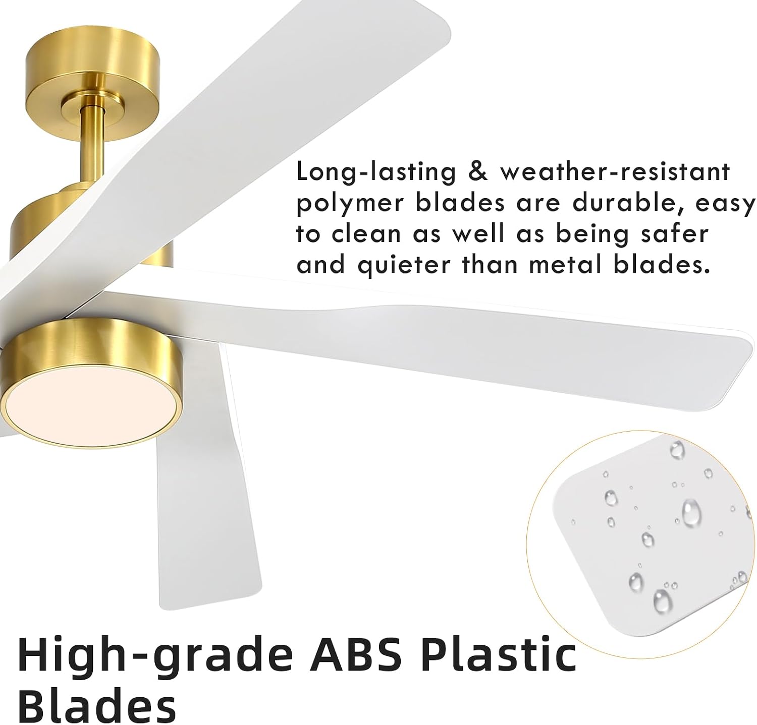 WINGBO 54' ABS DC Ceiling Fan with Lights, 5 Blade ABS Plastic Ceiling Fan with Remote, 6-Speed Reversible DC Motor, LED Ceiling Fans for Kitchen Bedroom Living Room, Brass and White
