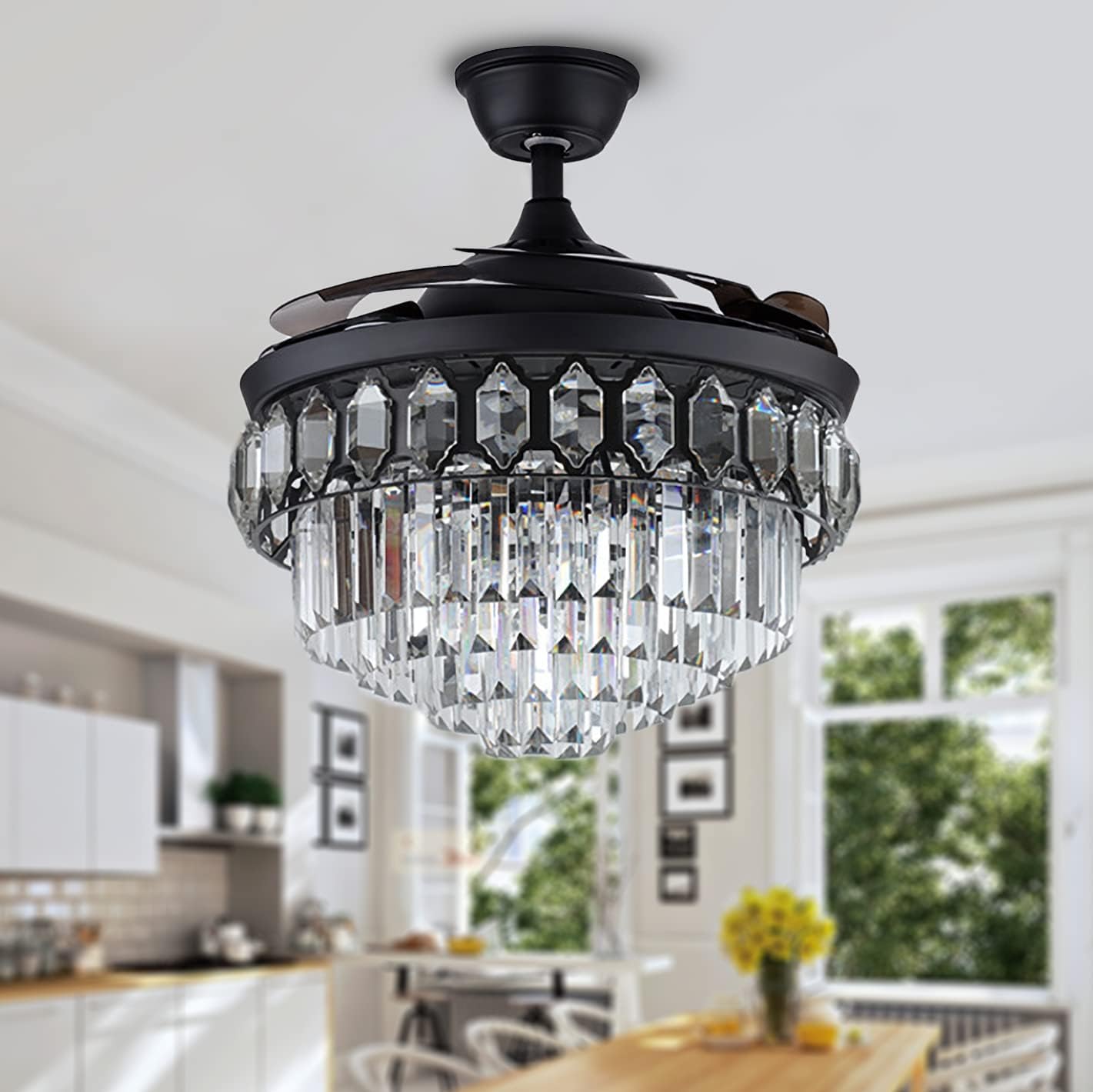 Fandian 42' Modern Crystal Ceiling Fan with Lights Black Retractable Fandelier Remote Control Fixtures, 3 Color Changes Luxury Lighting for Dining Room, Living Room