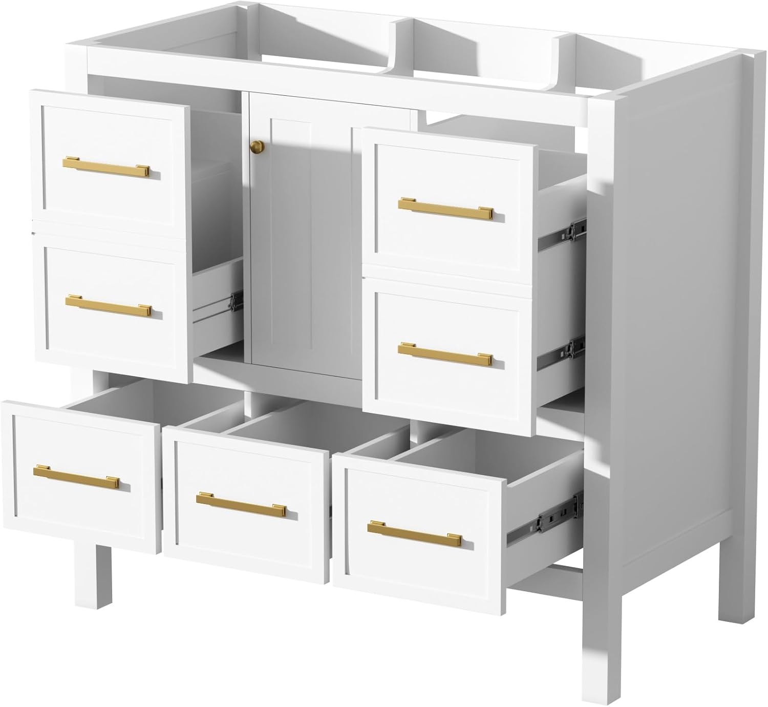 Merax 36 Inch White Bathroom Vanity Without Sink Top,Freestanding Bathroom Vanity Base Cabinet Only,with 5 Drawers,Soft Closing Door & Gold Handles,Solid Wood Frame(Basin Not Included),1 Package