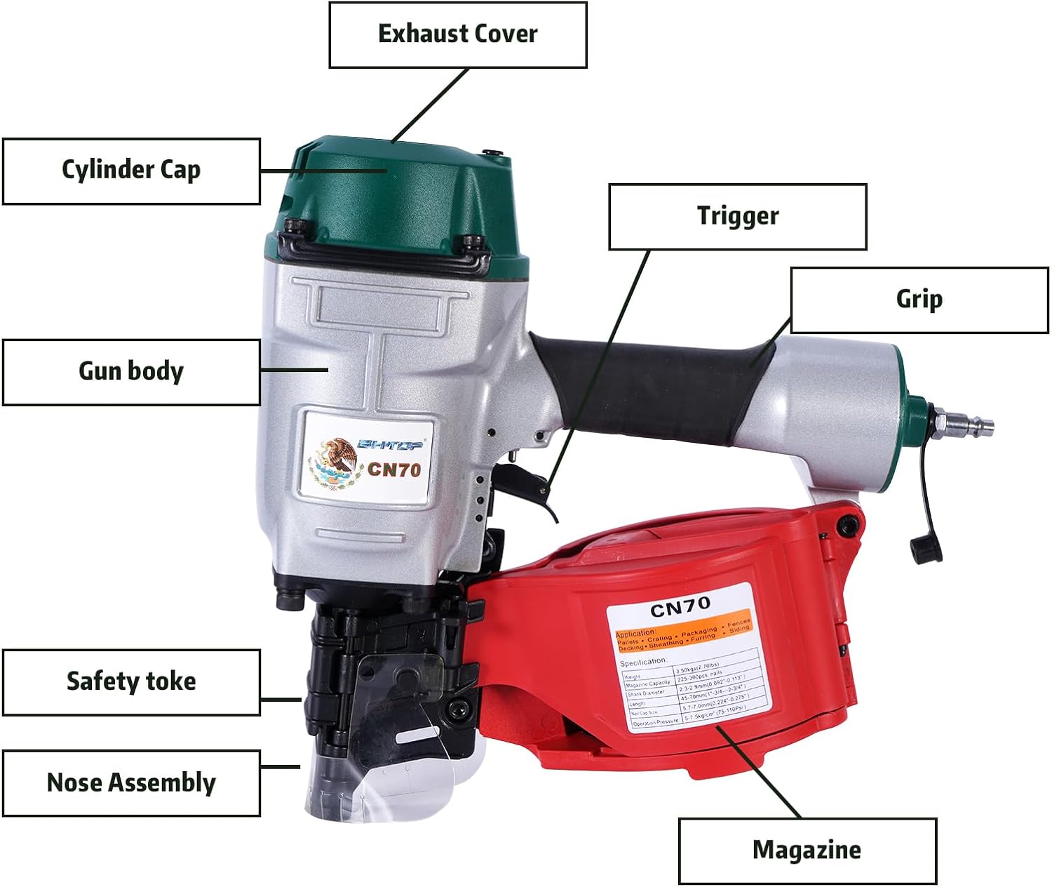 Mexican Style CN70 Coil Siding Nail Gun, 15 Degree Pneumatic Siding Nailer, 1-3/4' to 2-3/4' Coil Siding Nailer for Siding Sheathing Wooding Fencing Decking
