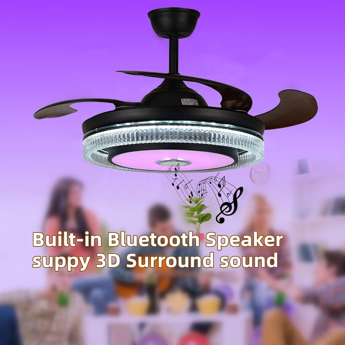 FANPERO 42' Smart Ceiling Fan with Lights Remote Control, Black Crystal Fandelier with Bluetooth Speaker, 7 Color Dimmable Retractable LED Chandelier Fans with Reversible Silent Motor, 6 Speeds
