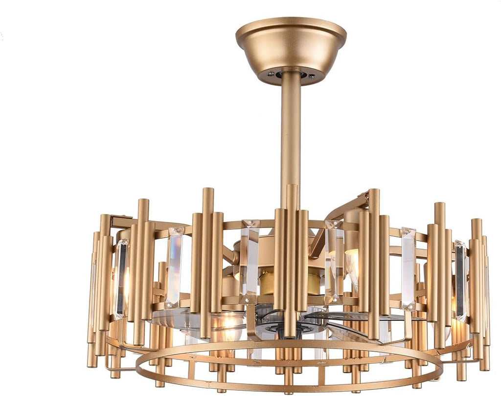 20' Champagne Gold Ceiling Fan with LED Light Remote control, 3-Speed Quiet Enclosed Fandelier Gold Caged Crystal Ceiling Fan Downrod Mount Industrial Metal Chandelier Fan 7 Invisible Blades