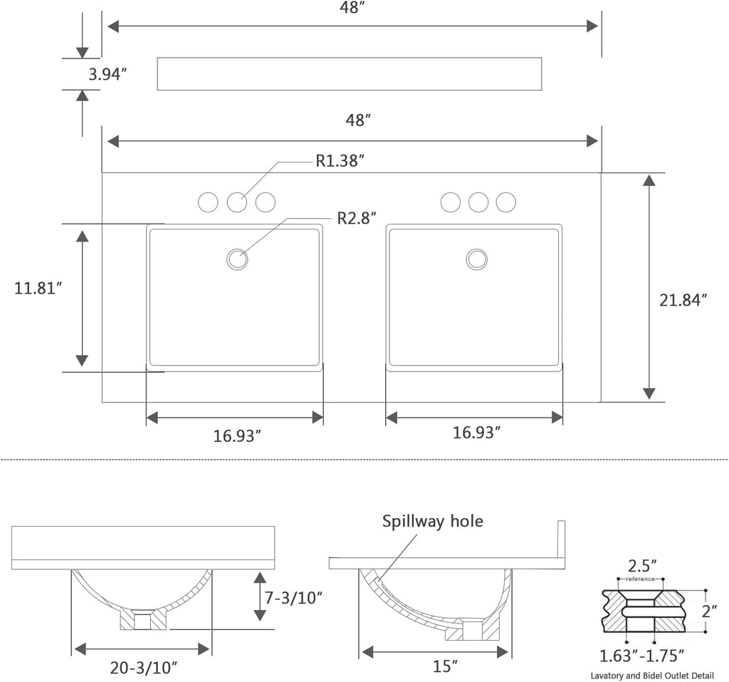 48'x22' Vanity Top with Sink, Engineered Stone Vanity Top with Rectangular Undermount Ceramic Double Sink, 8 Inch Faucet Hole Spacing with Backsplash Countertops for Bathroom