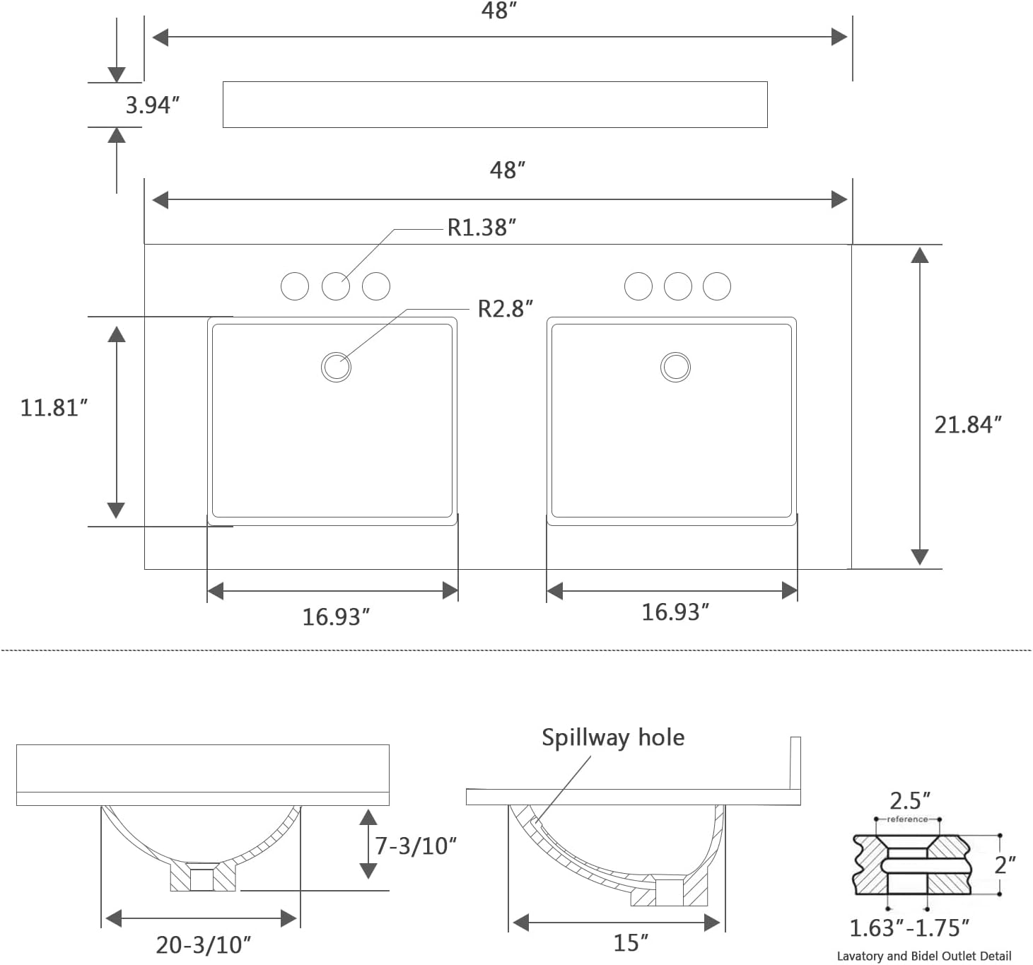 48'x22' Vanity Top with Sink, Engineered Stone Vanity Top with Rectangular Undermount Ceramic Double Sink, 8 Inch Faucet Hole Spacing with Backsplash Countertops for Bathroom