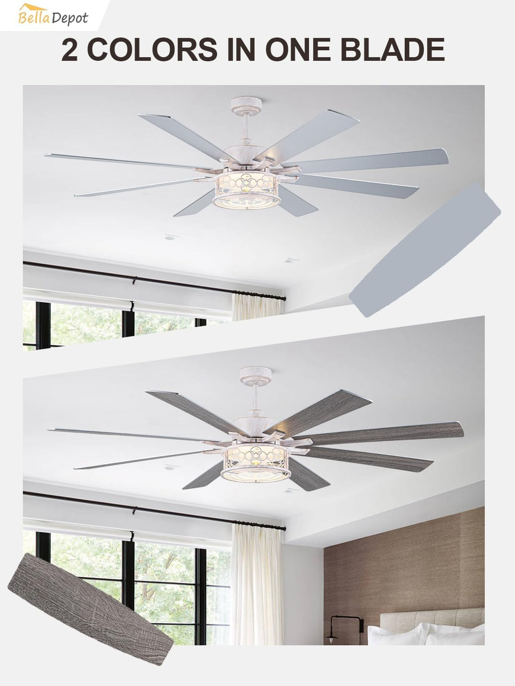 72 Inch Farmhouse Ceiling Fan with Lights Large Chandelier Caged Fan with Quiet Reversible DC Motor Rustic Fan with Wooden Blades White - Ideal for Bedroom, Living Room, Dining Room, Any Big Spaces