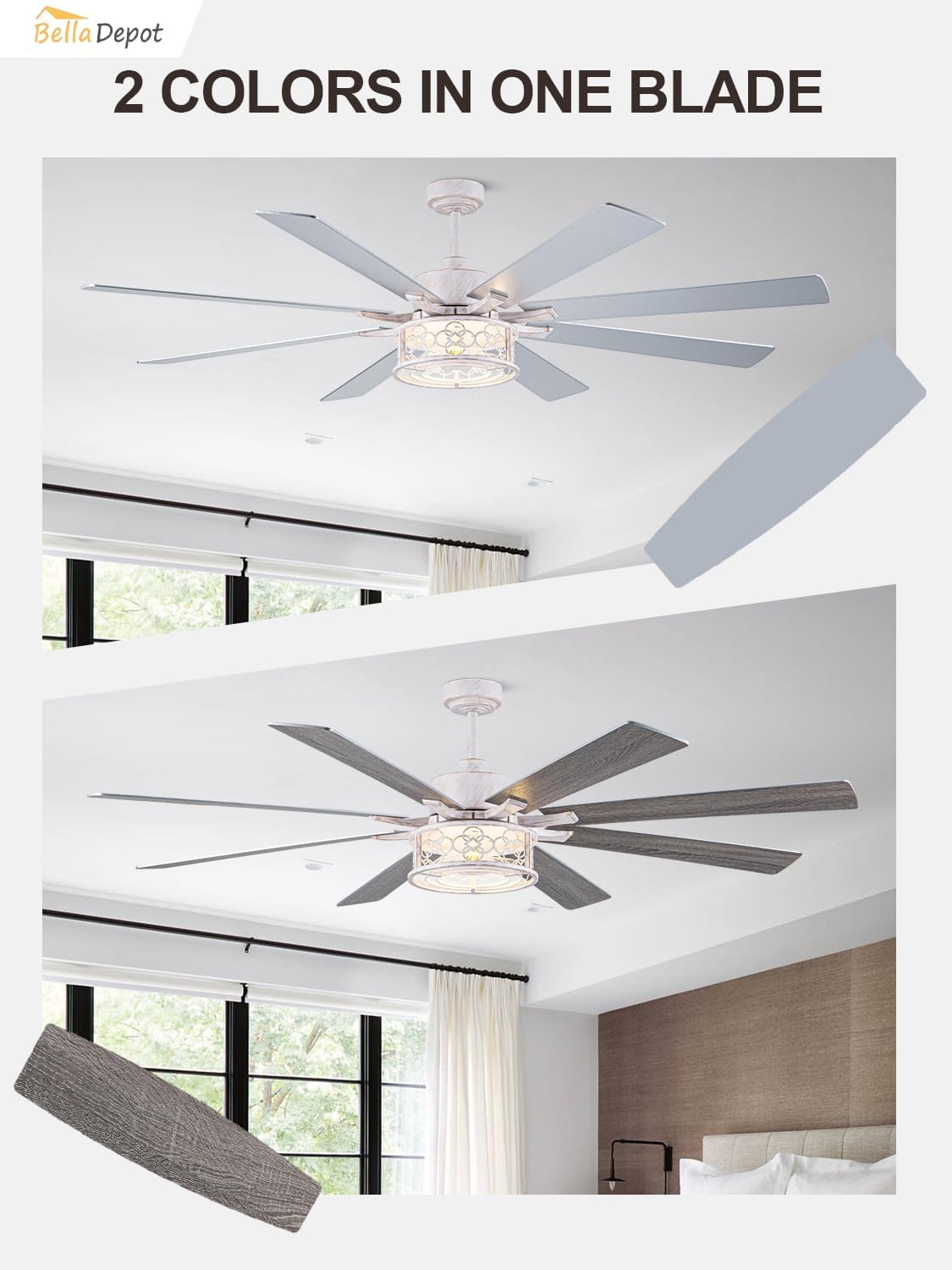 72 Inch Farmhouse Ceiling Fan with Lights Large Chandelier Caged Fan with Quiet Reversible DC Motor Rustic Fan with Wooden Blades White - Ideal for Bedroom, Living Room, Dining Room, Any Big Spaces