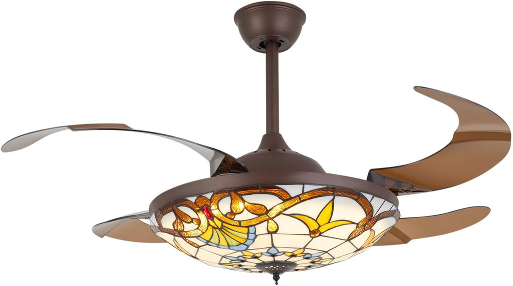 42'' Tiffany Ceiling Fan with Lights, Stained Glass Vintage Ceiling Fan Chandelier, 6 Speed Quiet Indoor Lighting Fixture Retractable Blades with Remote for Bedroom Living Room Hotel