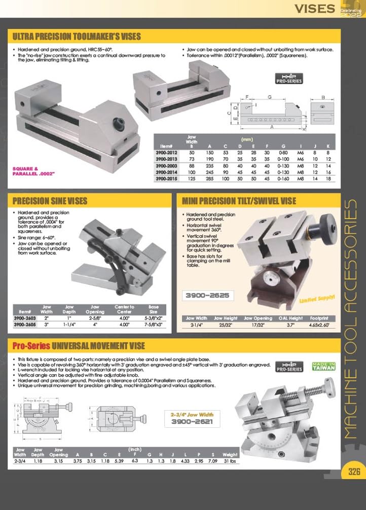 HHIP 3900-0251 Precision Toolmaker's Vise, 3' Width x 1.375' Depth Jaw, 4' Jaw Opening (Pack of 1)