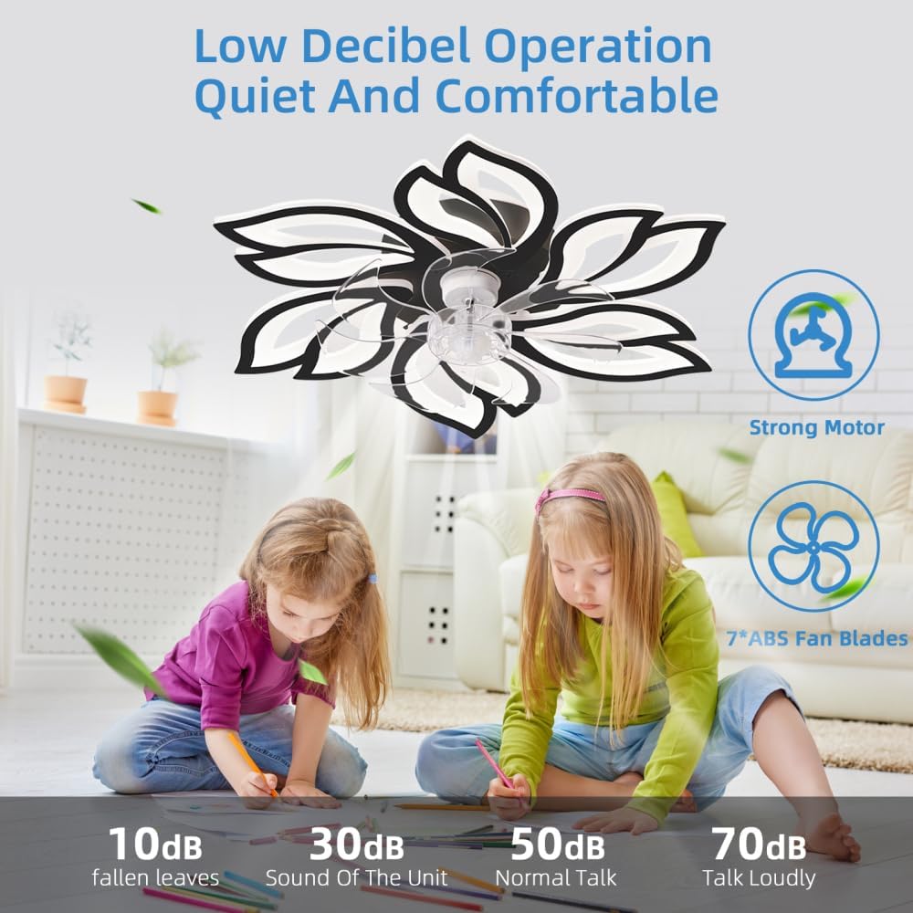 Flower Ceiling Fan Light Fixtures - Fandelier Ceiling Fan with Light & Remote, Modern Ceiling Fan with LED for Bedroom, Kitchen & Living Room | Unique Design (Black + Acrylic + Modern)