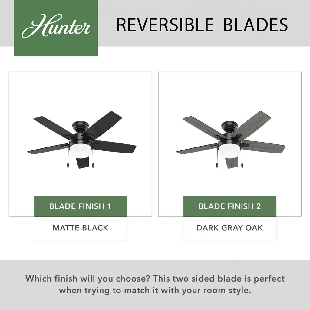 Hunter Fan 44 Inch Matte Black Indoor Ceiling fan with LED Light and Pull Chain for Bedroom, Living Room, Office, Basement, Kitchen, Dining Room (Renewed), CC5C27C75