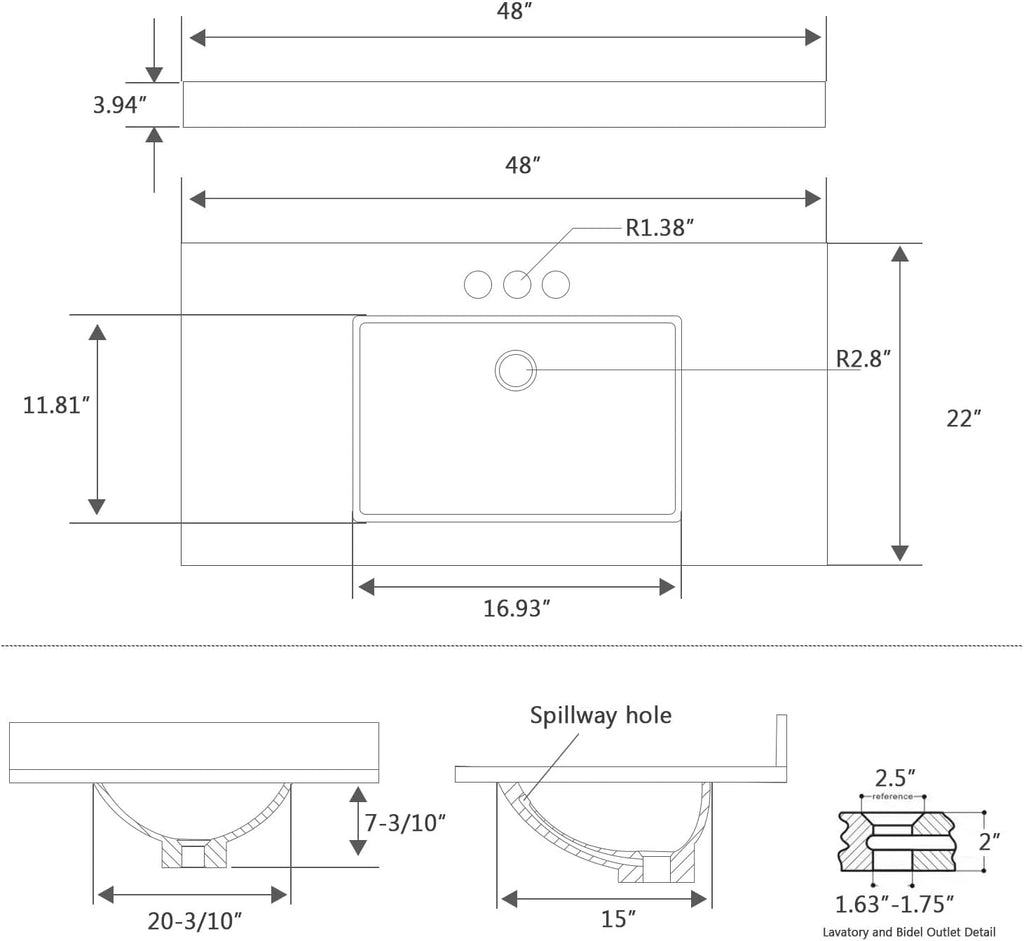 48 Inch Engineered Stone Bathroom Vanity Sink Top, with Undermount Rectangular Middle Sink, Vanity Countertop with 8 inch Faucet Hole Spacing and Backsplash in Lightning White
