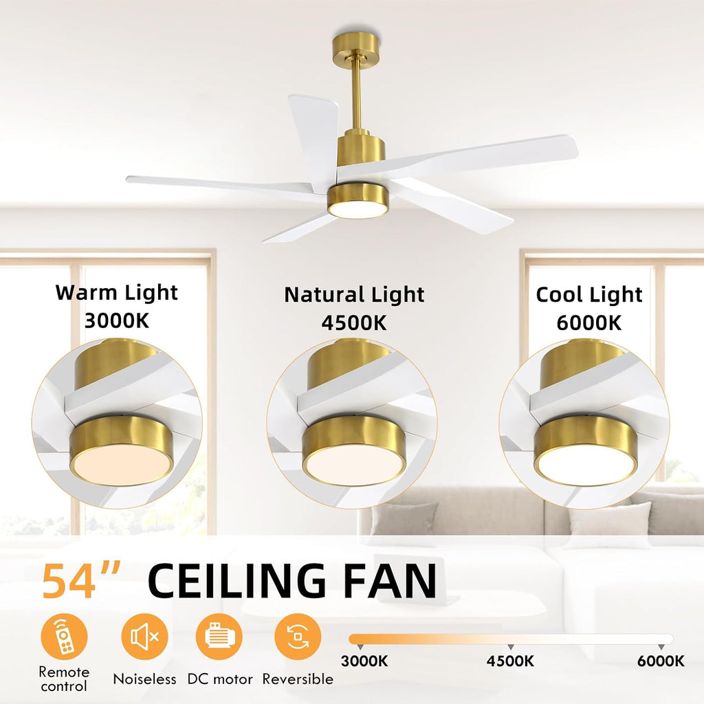 WINGBO 54' ABS DC Ceiling Fan with Lights, 5 Blade ABS Plastic Ceiling Fan with Remote, 6-Speed Reversible DC Motor, LED Ceiling Fans for Kitchen Bedroom Living Room, Brass and White