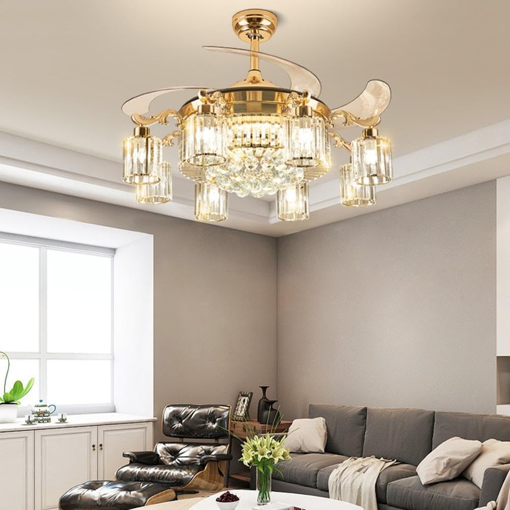 42' Modern Fandelier Ceiling Fan with Light and Remote, Gold Crystal Chandelier Fan with 8-Light Reversible Blade 6 Speed Change Silent Motor for Living Dining Room