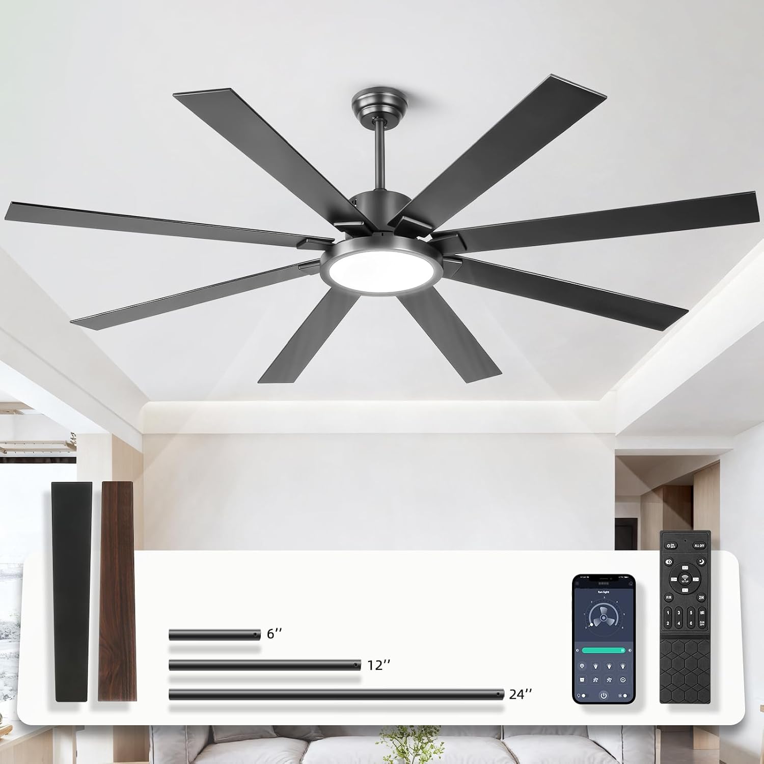 Large Ceiling Fans with Lights, Modern 72 Inch 8 Blade Outdoor Ceiling Fan with Remote APP Control - Dimmable Black Big Fan light Indoor Reversible 6 Speed Quiet DC Motor