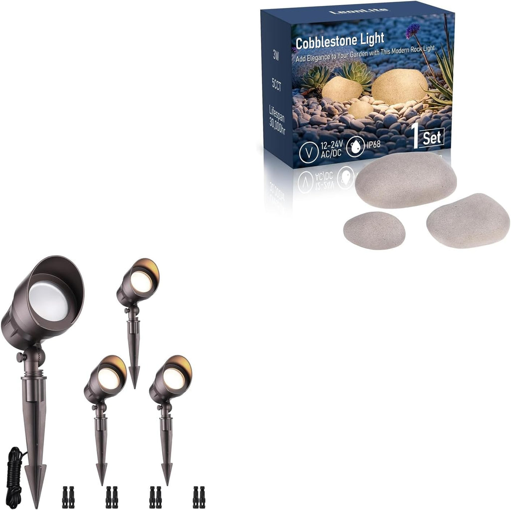 LEONLITE 4-Pack Low Voltage LED Landscape Spotlight, Aluminum, ETL Listed, IP65 Waterproof, 3000K Warm White Bundle 3Pcs 5CCT LED Low Voltage Pebble Shape Lights Outdoor, 12-24V AC/DC, IP68 Waterproof