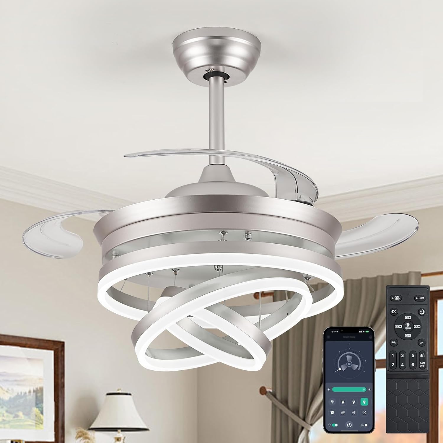42' Modern Retractable Ceiling Fan with Lights, Fandelier Ceiling Fan with LED Light and Remote&App Control, 6 Speed Reversible 3CCT Chandelier Fan for Bedroom Living Room Dining Room Silver
