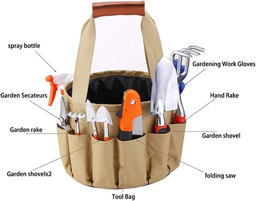 Large Garden Tote and 10 Pcs Tools Set Garden Bucket Tool Kit Organizer Heavy Duty Gardening Hand Tools for Garden Lovers