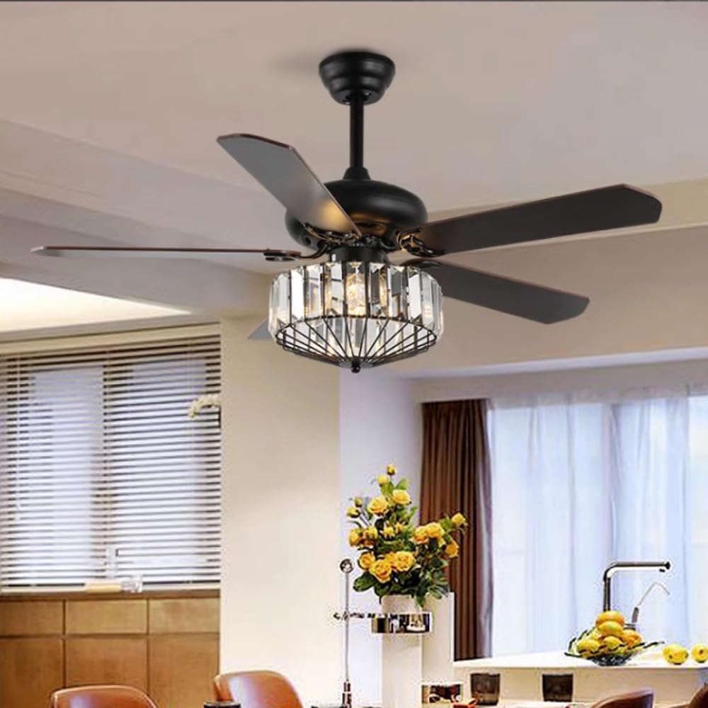 Black Crystal Fandelier Ceiling Fan with Light Living Room Ceiling Fan 52' with Light Remote 5 Blade Industrial Farmhouse Rustic Fan Chandelier for Bedroom Dining Table, Reversible Fan