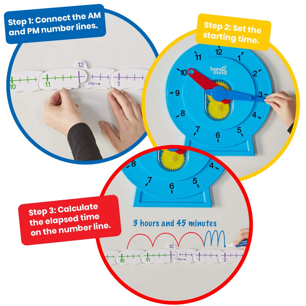 hand2mind Advanced NumberLine Clock Class Set, Learn to Tell Time, Analog Clock for Kids Learning, Number Line for Kids, Teaching to Tell Time, Math Manipulatives (Set of 25)