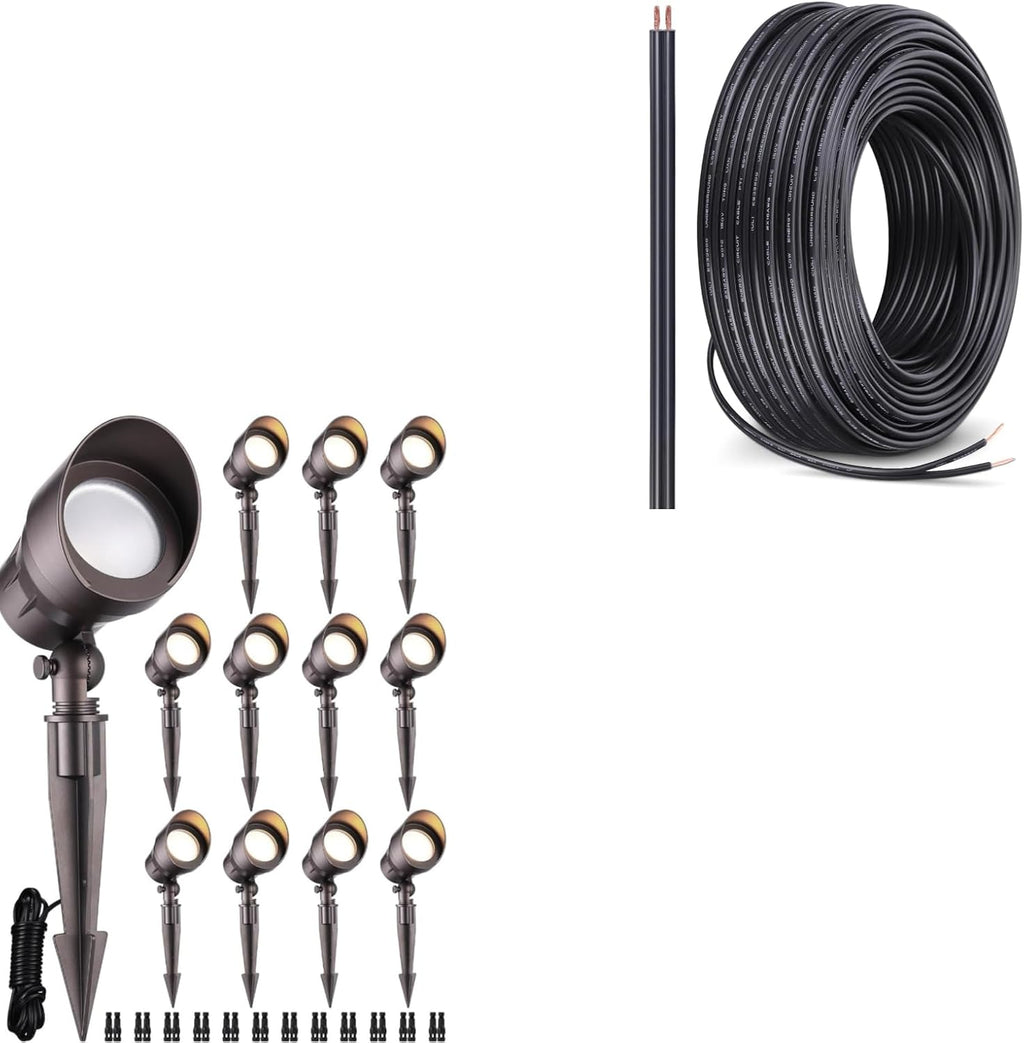 LEONLITE LED Outdoor Landscape Spotlight Bundle 100ft 16/2 Cable, 12-Pack 5W 12V Low Voltage Adjustable Pathway Lights, 3000K Warm White & 1-Pack 100ft 16/2 Low Voltage Landscape Lighting Cable, Black