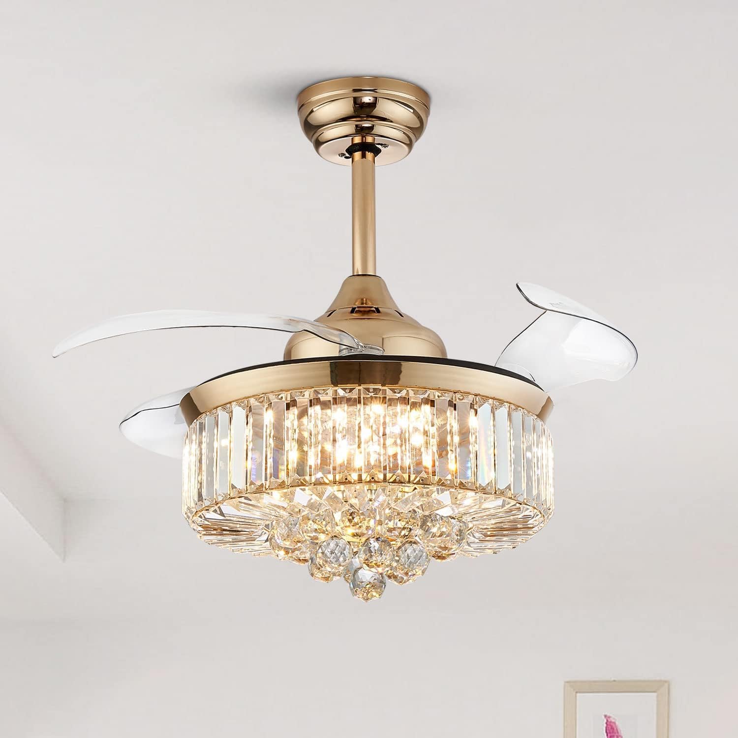36'' Fandelier Ceiling Fans with Light, Chandelier Gold Ceiling Fan, Retractable Crystal Ceiling Fan for Bedroom, Living Room, 3 Color Change, LED Dimmable, 6 Speeds, Reversible DC Motor