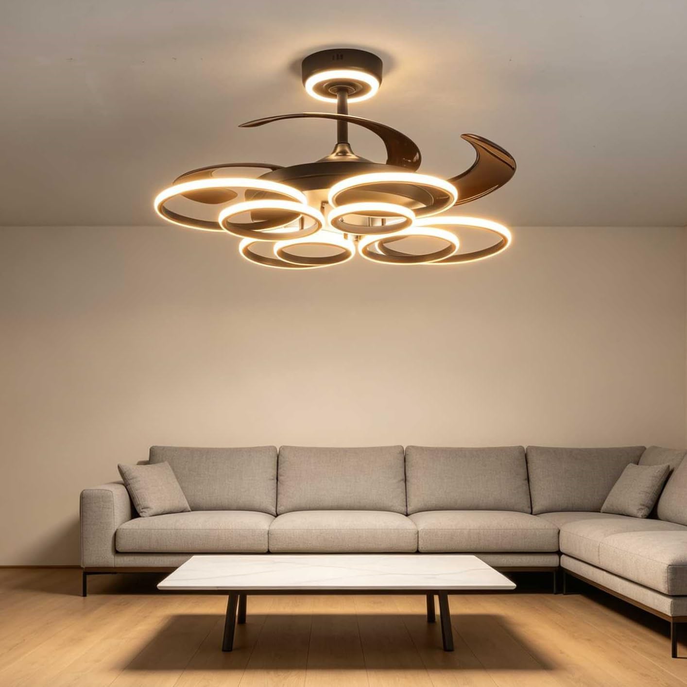 48' Retractable Ceiling Fan with Lights Modern Fandelier Fan Light with Remote Bladeless Fan Ceiling Light for Bedroom Living Room 6 Speed Black (Black RFL25009)