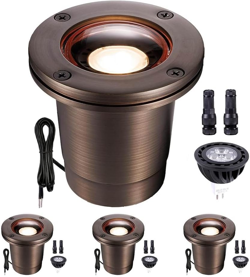 Gardenreet Brass In Ground Well Light - Ip67 Low Voltage Outdoor Light, 12V LED Landscape Lighting, Antique Bronze for Walkway Garden Lawn with 2700K Warm White MR16 Bulb (4 Pack)