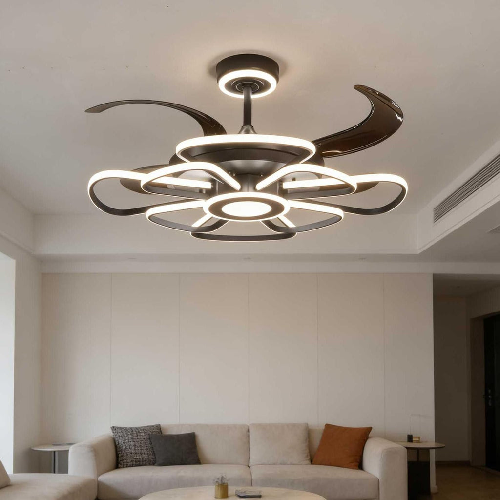 48' Retractable Ceiling Fan with Lights Modern Fandelier Fan Light with Remote Bladeless Fan Ceiling Light for Bedroom Living Room 6 Speed Black (Black RFL25003)