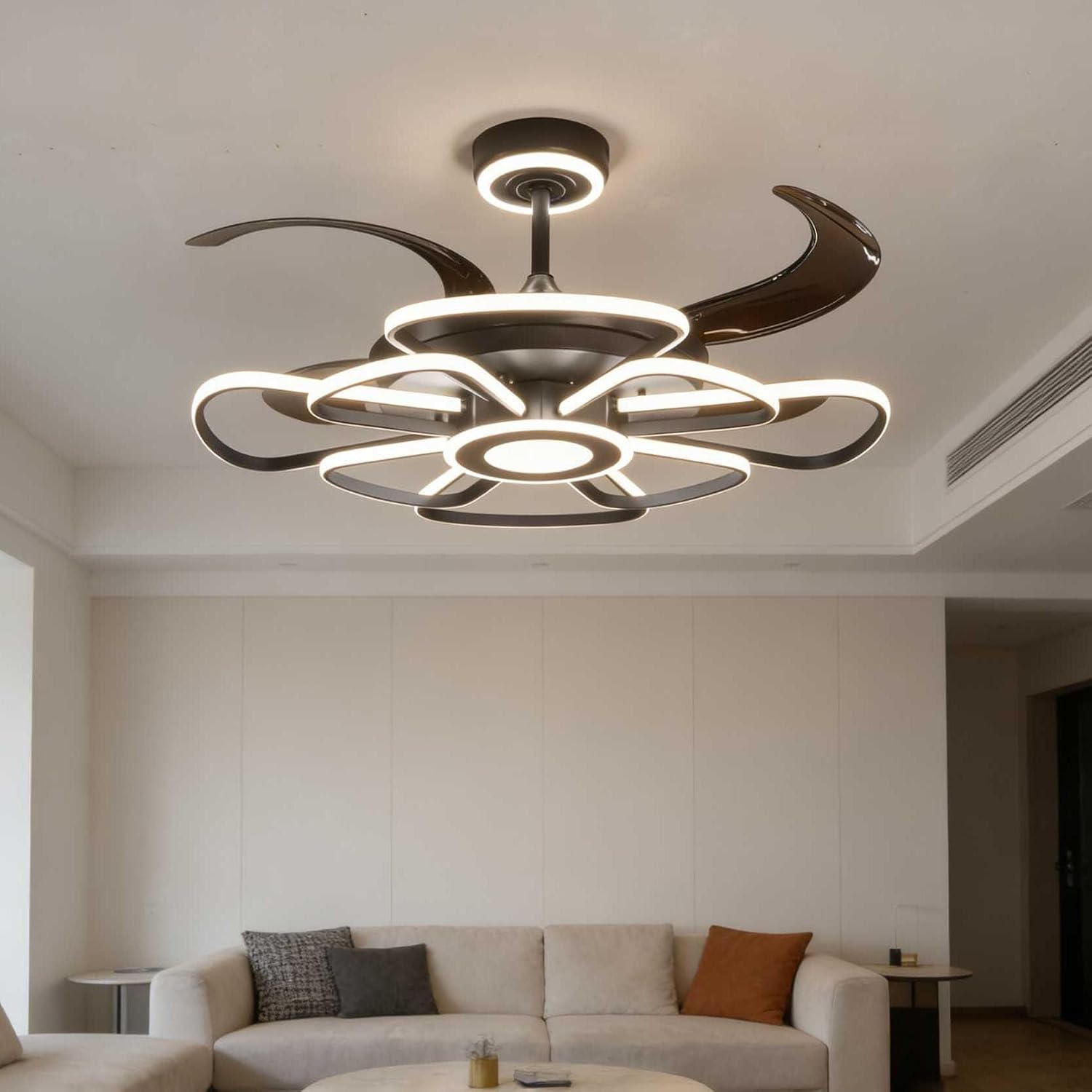 48' Retractable Ceiling Fan with Lights Modern Fandelier Fan Light with Remote Bladeless Fan Ceiling Light for Bedroom Living Room 6 Speed Black (Black RFL25003)