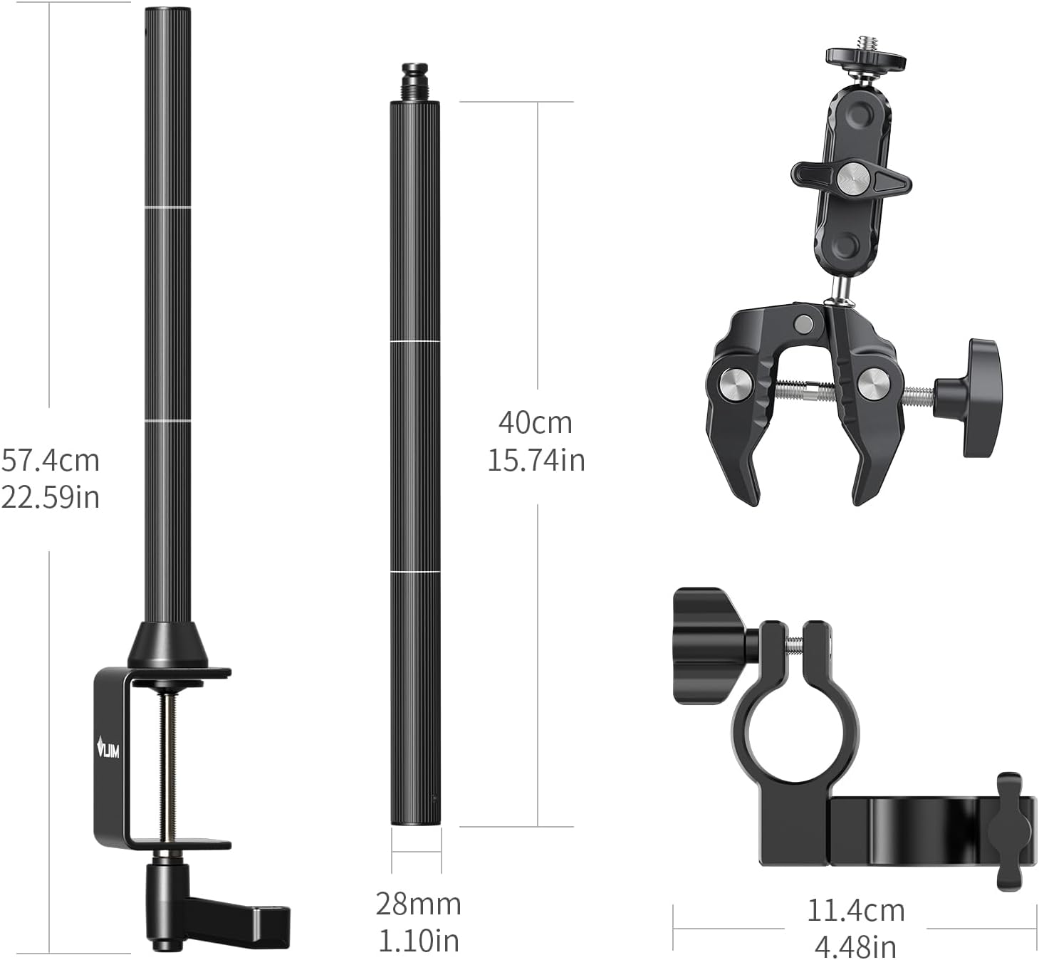 JUSMO LS15 Pro Camera Desk Mount, Aluminum Overhead Camera Mount Rig, Table Multi-Device Pole to Mount Magic Arm Clamp, DSLR, Cameras, Phone, Light, Microphone, Streaming, Studio, Max Load 22 lb