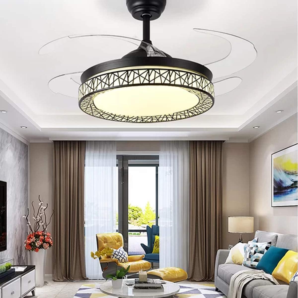 42' Ceiling Fan with Light, Modern Invisible Ceiling Fan Chandelier with Retractable Blade, Dimmable LED 3 Lighting 3 Speeds Change Ceiling Fans Lights with Remote Control (Black)