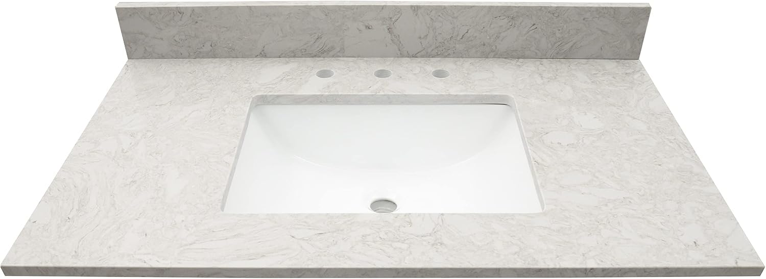 MSI Drifting Fog Vanity Top with Under Mount Rectangle Ceramic Sinks, Engineered Marble Stone, 4' CC Faucet Holes, 37'X22'