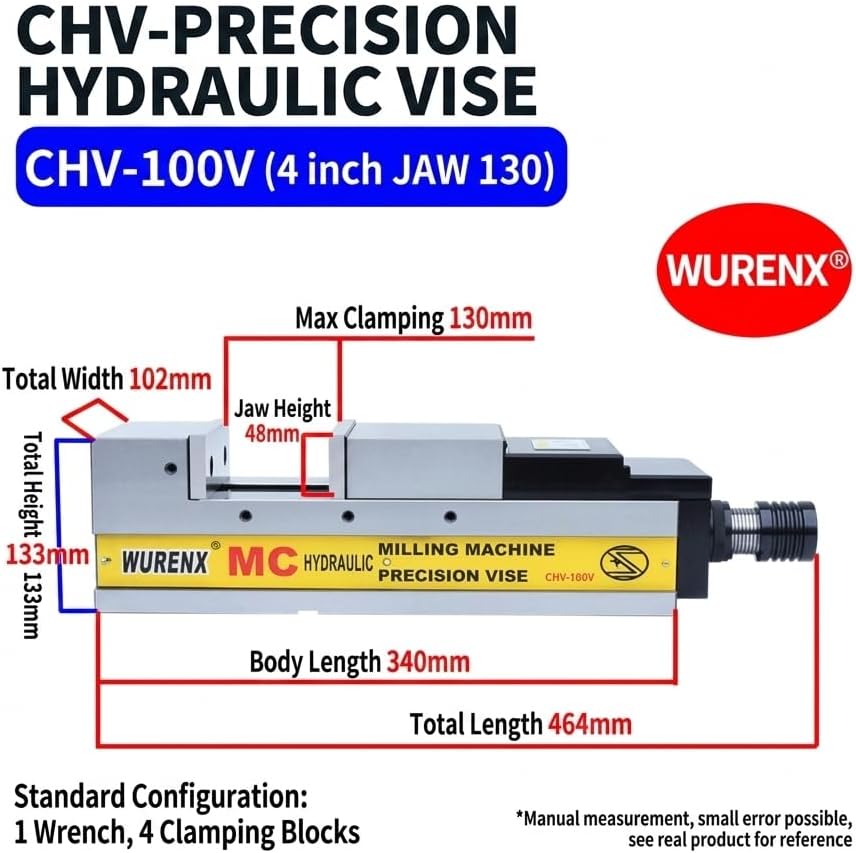 High Precision Hydraulic CNC Machine Vise 4'/5'/6'/8', Heavy Duty Milling Vise for CNC Milling Machine, Hardened Steel Precision Vise for Metalworking Machining (CHV-100V 4inch(Jaw opening 5.12inch))