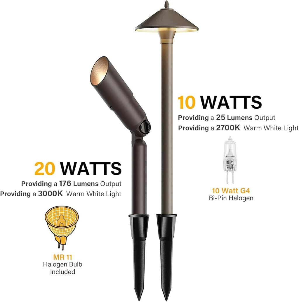 10PK Low Voltage Landscape Lighting Kit 6PCS 10W Path Lights 4PCS 20W Spotlights 75Feet Electrical Wire and 150W 12V Transformer 9903-10