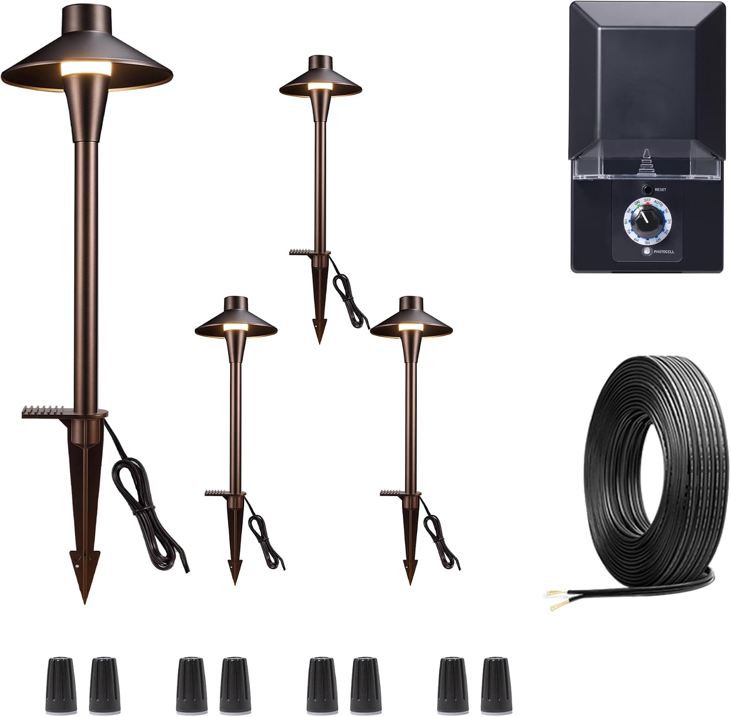 Landscape Path Lights Kit, 4 Pack 3CCT Pathway Light and 100W Transformer and 100FT Cable and 20 Wire Connectors, Low Voltage LED Outdoor Waterproof, Aluminum for Yard Walkway Garden