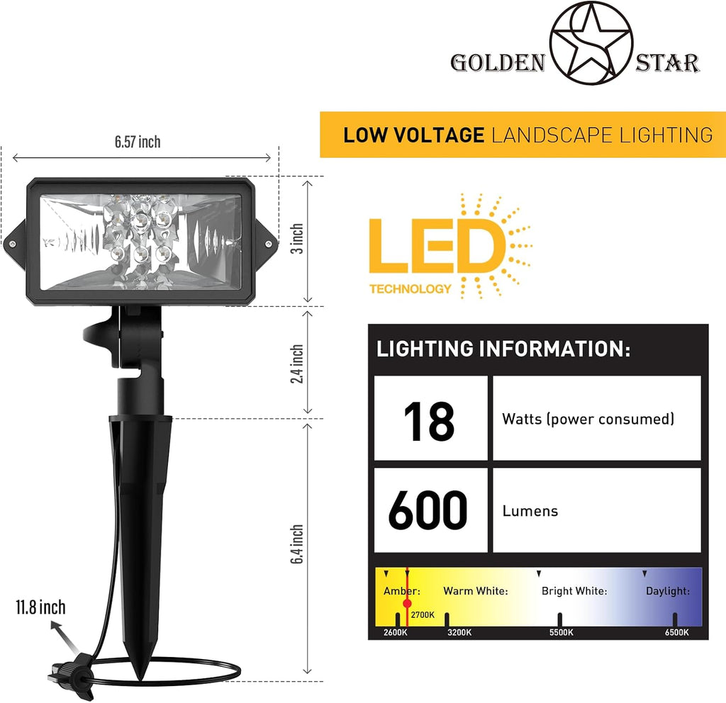 GOLDEN STAR LED Low Voltage Landscape Lighting LED Wall Wash Lights 18 Watt Weatherproof Floodlight Outdoor Landscape Lighting 600 Lumen Garden Lights 8401-4675-G06